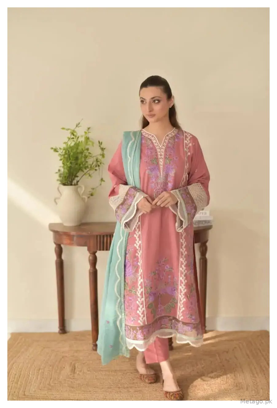 Pink valentina 3 Pcs Women's Stitched Linen Embroidered Suit