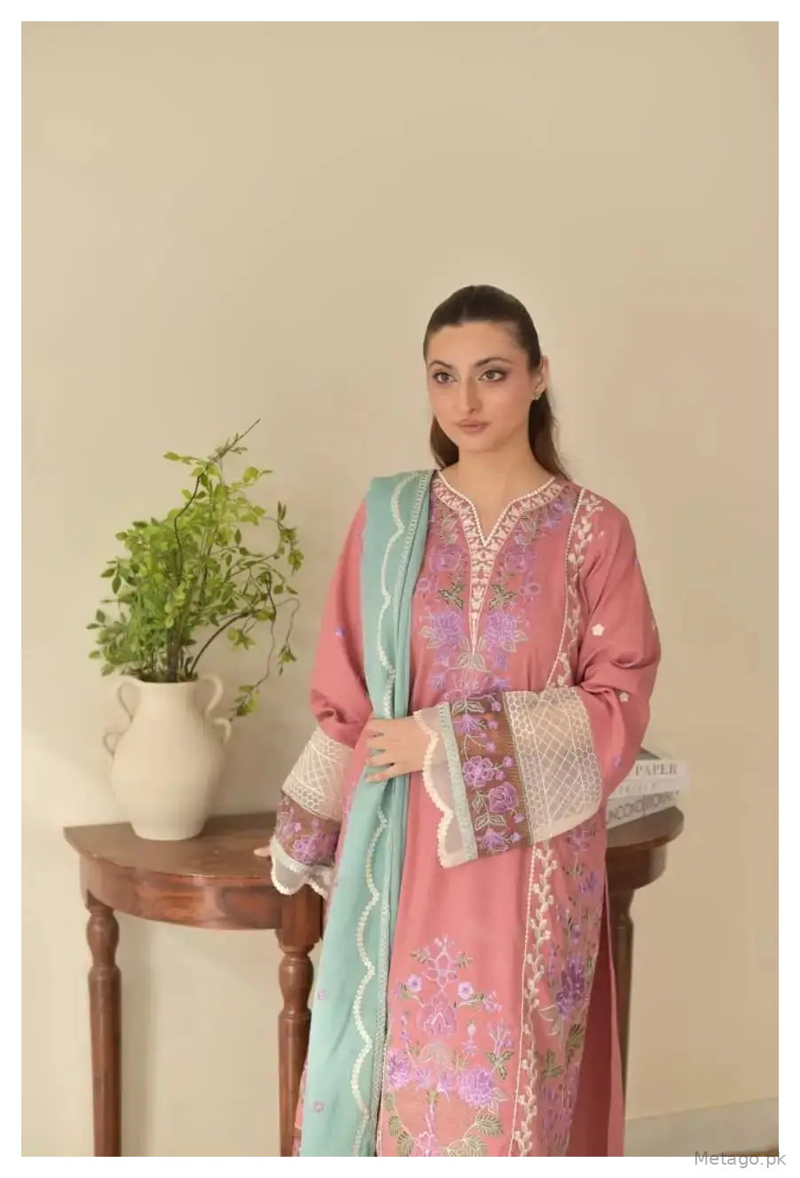 Pink valentina 3 Pcs Women's Stitched Linen Embroidered Suit
