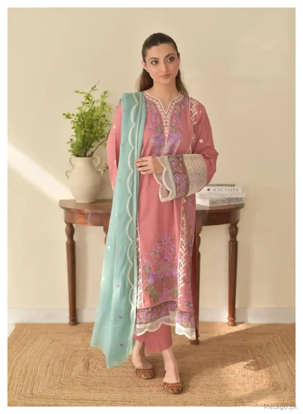 Pink valentina 3 Pcs Women's Stitched Linen Embroidered Suit
