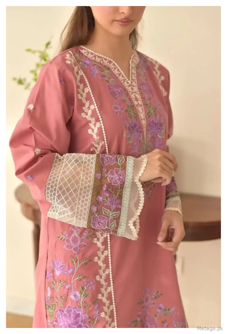 Pink valentina 3 Pcs Women's Stitched Linen Embroidered Suit