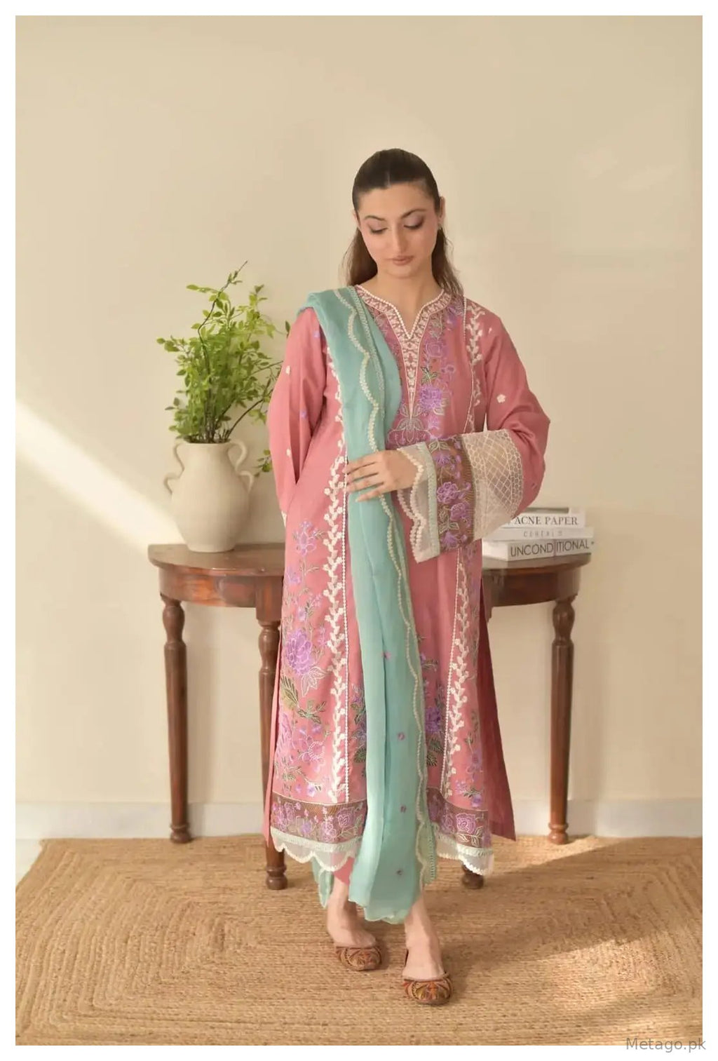 Pink valentina 3 Pcs Women's Stitched Linen Embroidered Suit
