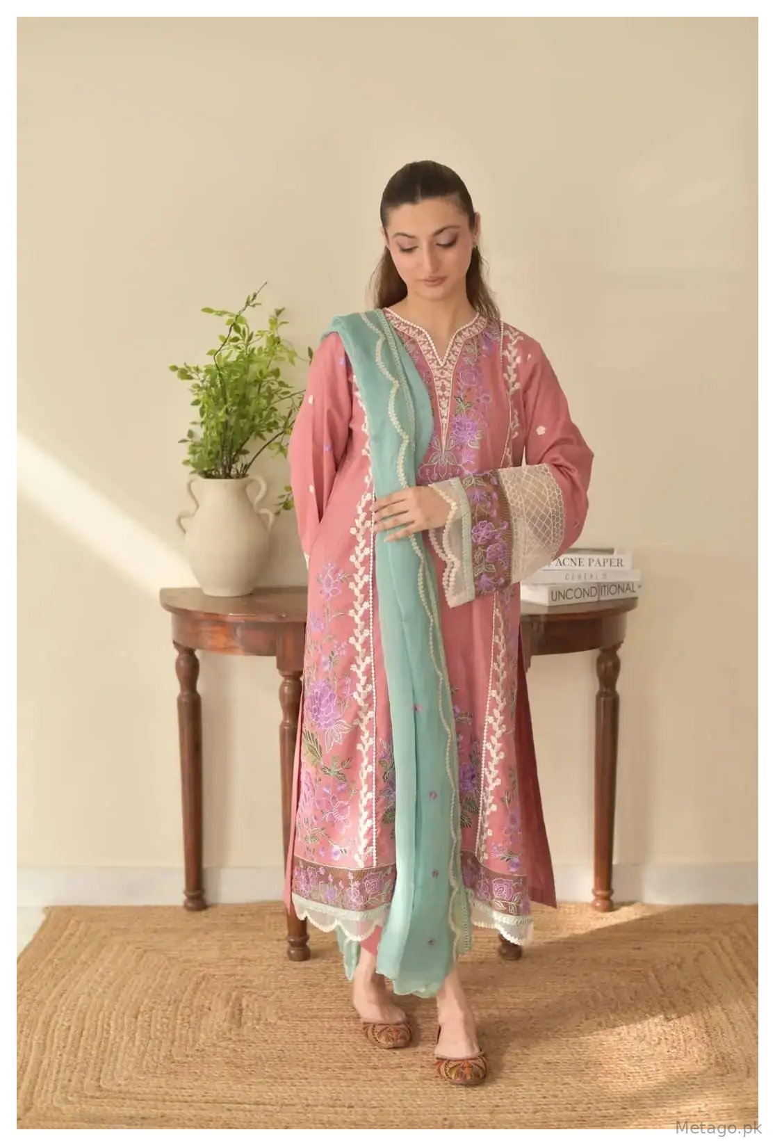 Pink valentina 3 Pcs Women's Stitched Linen Embroidered Suit