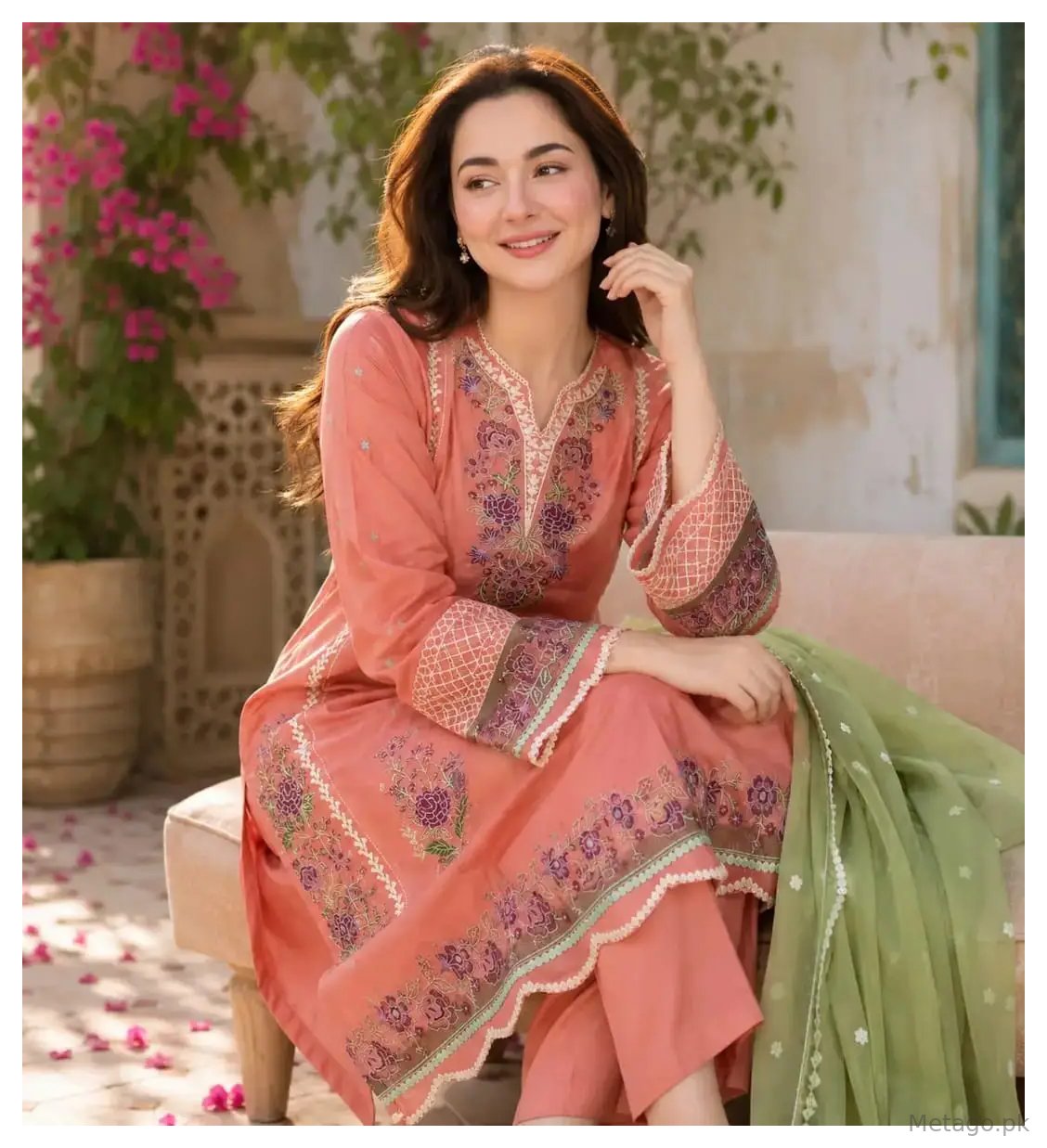 Pink valentina 3 Pcs Women's Stitched Linen Embroidered Suit