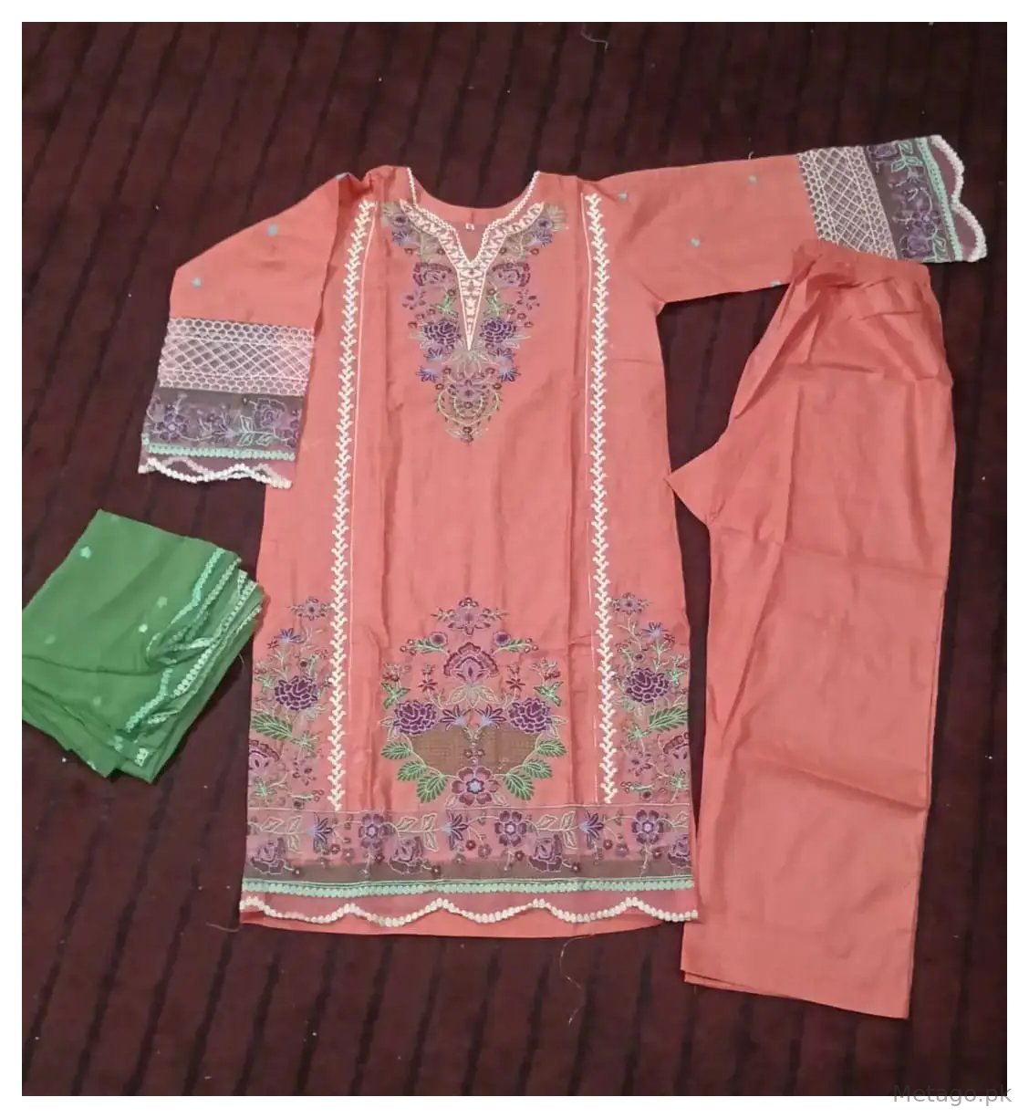 Pink valentina 3 Pcs Women's Stitched Linen Embroidered Suit