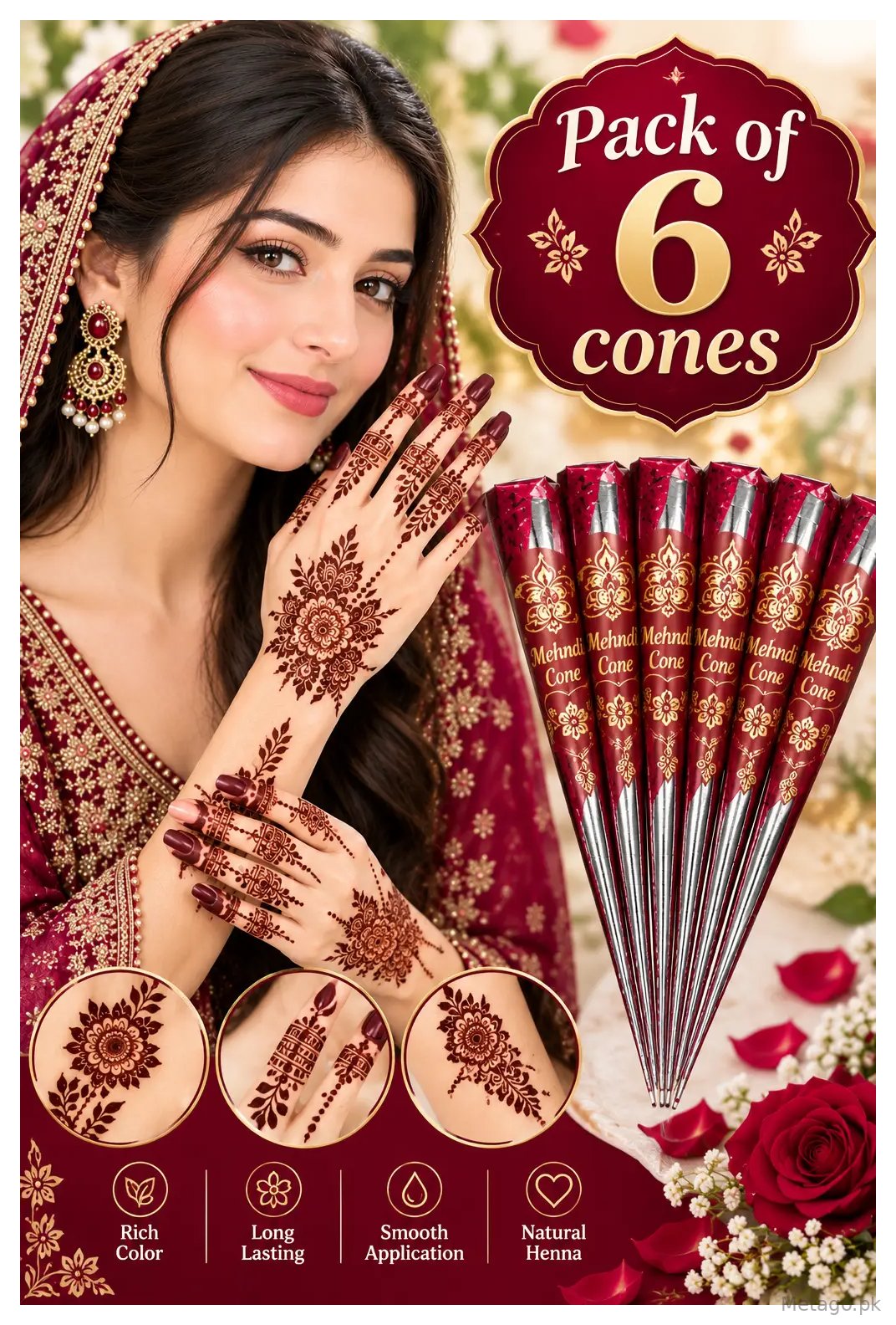 Red Mehndi Cone Party & Bridal, peel off Red Mehndi Pack 6