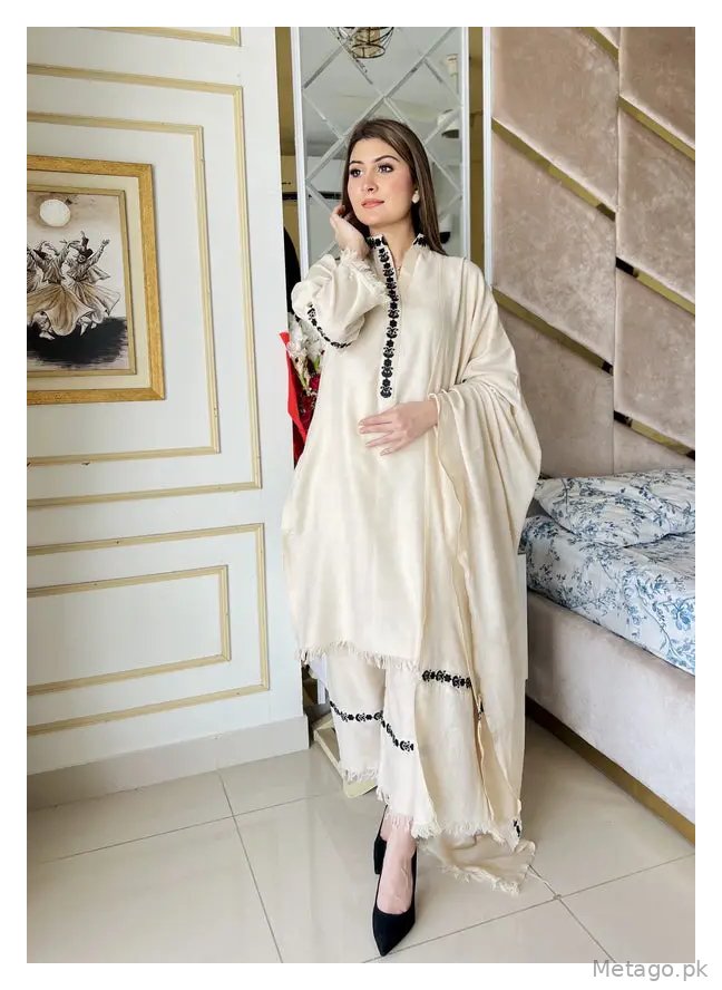 Snow pearl 3 Pcs Women's Stitched Dhanak Embroidered Suit