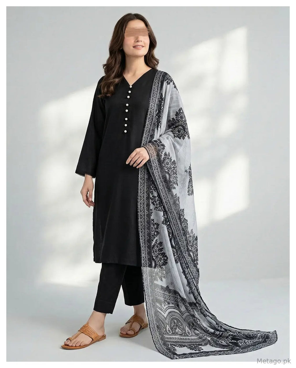 Sofia Black 3 Pcs Women's Stitched Cotton Plain Suit