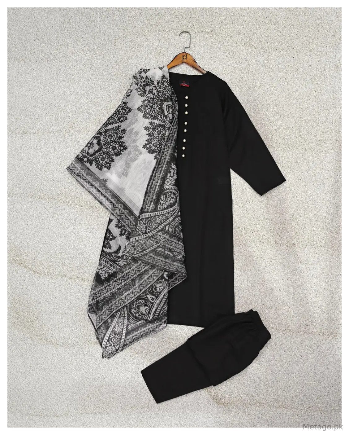 Sofia Black 3 Pcs Women's Stitched Cotton Plain Suit