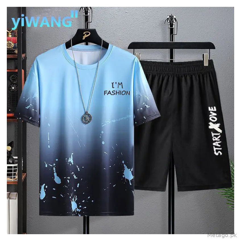 Summer Men's Short-Sleeved Suit 2023 New Ins Half-Sleeved Top Casual Round Neck Trendy T-Shirt Casual Versatile