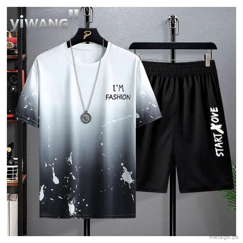 Summer Men's Short-Sleeved Suit 2023 New Ins Half-Sleeved Top Casual Round Neck Trendy T-Shirt Casual Versatile