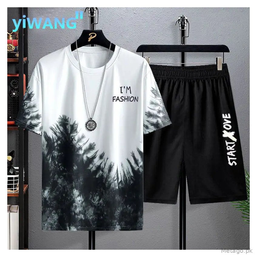 Summer Men's Short-Sleeved Suit 2023 New Ins Half-Sleeved Top Casual Round Neck Trendy T-Shirt Casual Versatile