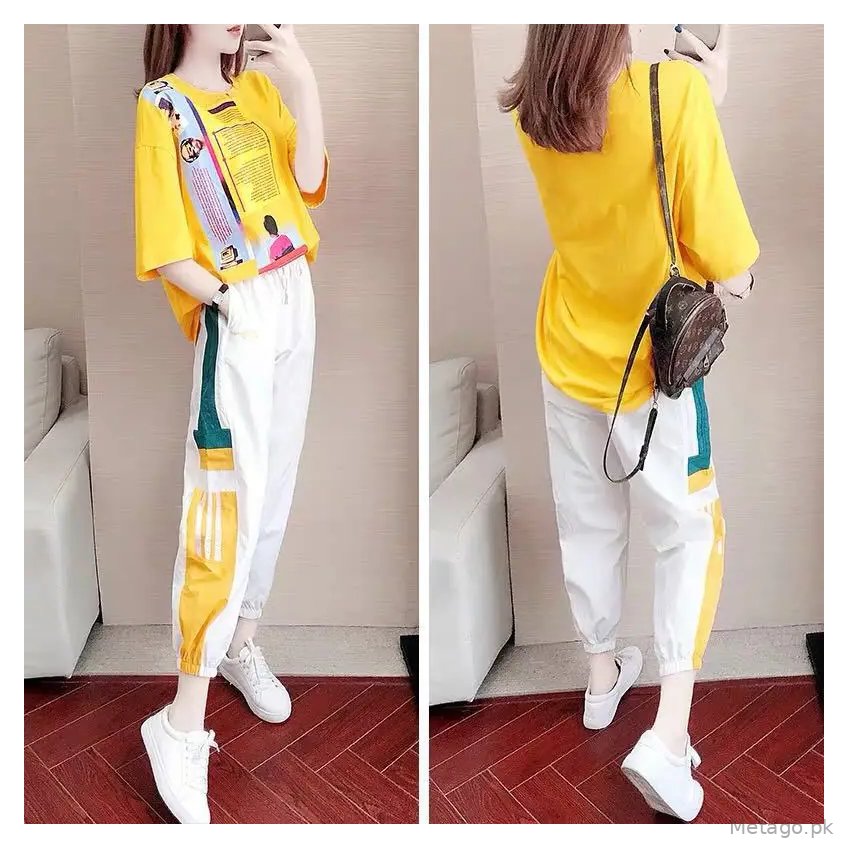 Women Casual Sports Suit Yellow White Ghost Step Dance Set