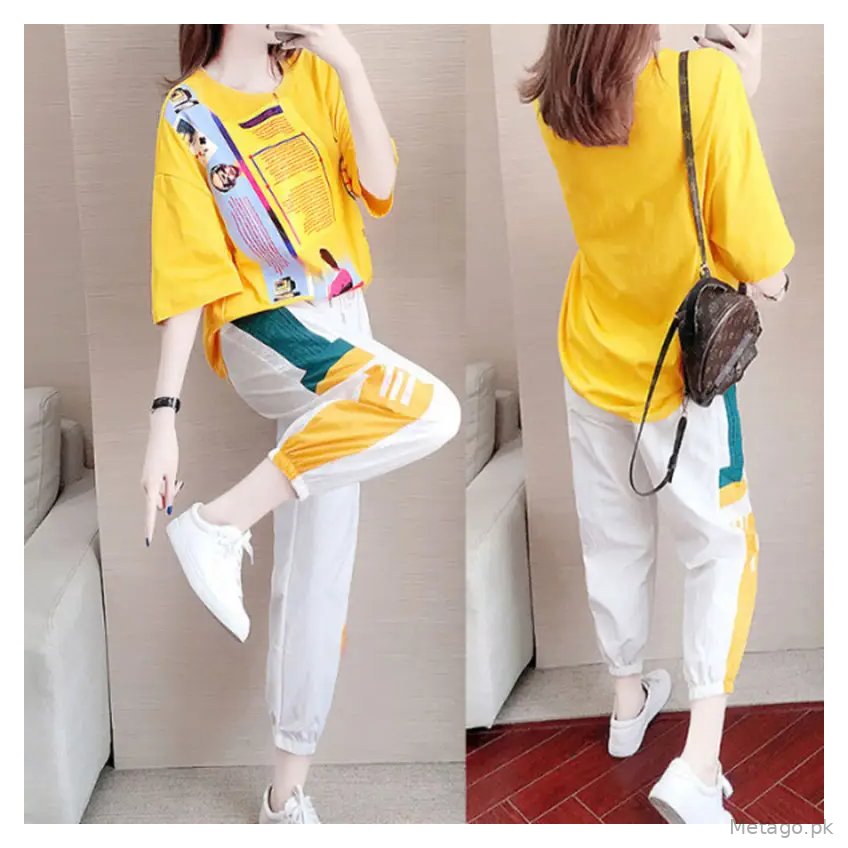 Women Casual Sports Suit Yellow White Ghost Step Dance Set