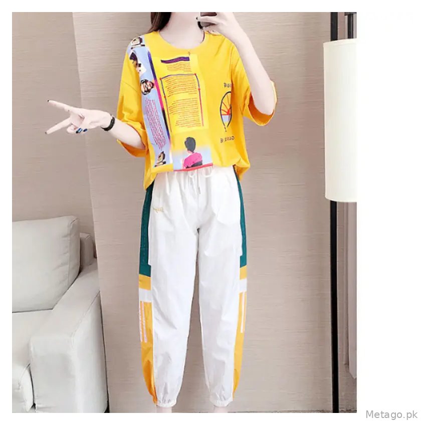 Women Casual Sports Suit Yellow White Ghost Step Dance Set