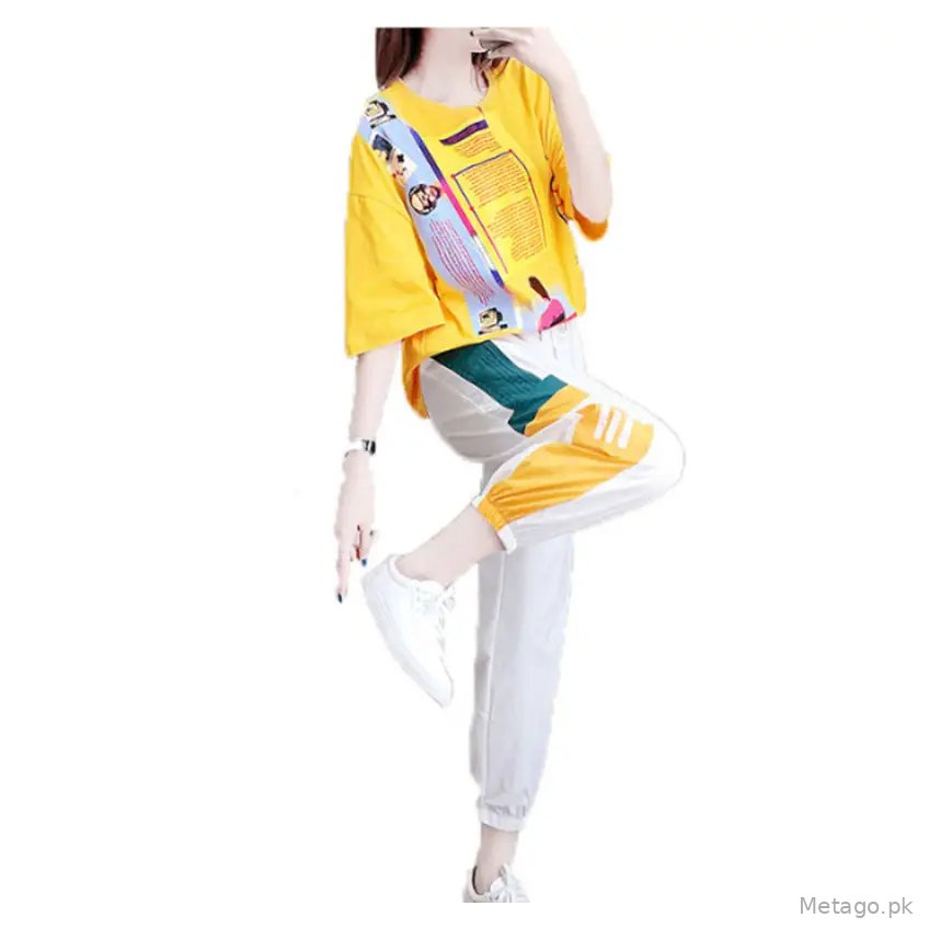 Women Casual Sports Suit Yellow White Ghost Step Dance Set