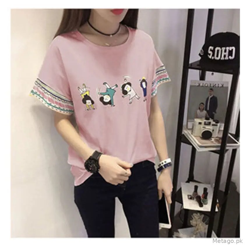 Women Pink Graphic T-Shirt 2025 Summer Loose Fit